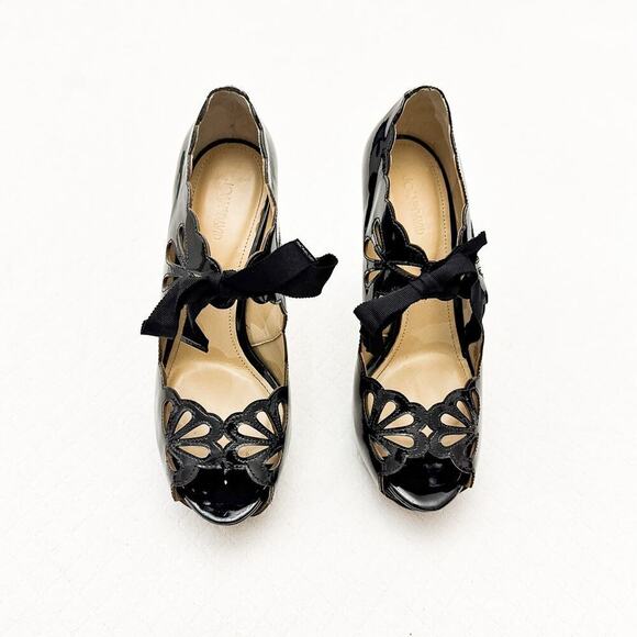 Joan & David Black Cicilee Patent Pumps Stiletto Lace Platform Shoes Size 7 - Picture 1 of 7